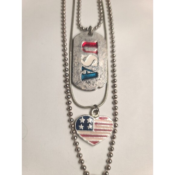 Vintage Lot of 3 Red White Blue Silvertone Patriotic Necklaces Stars Stripes - Picture 5 of 8